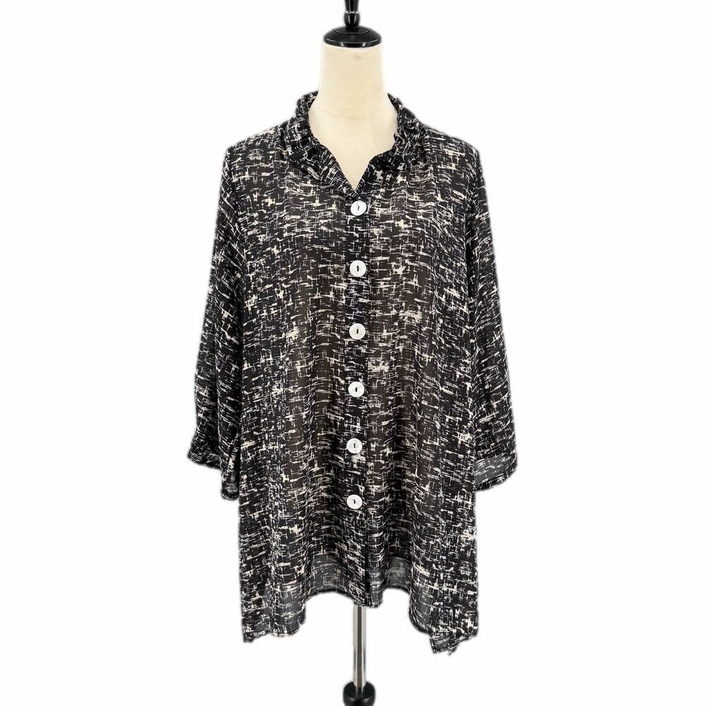 Inae Collection Black White Abstract Print Tunic Lagenlook Workwear Blouse Top